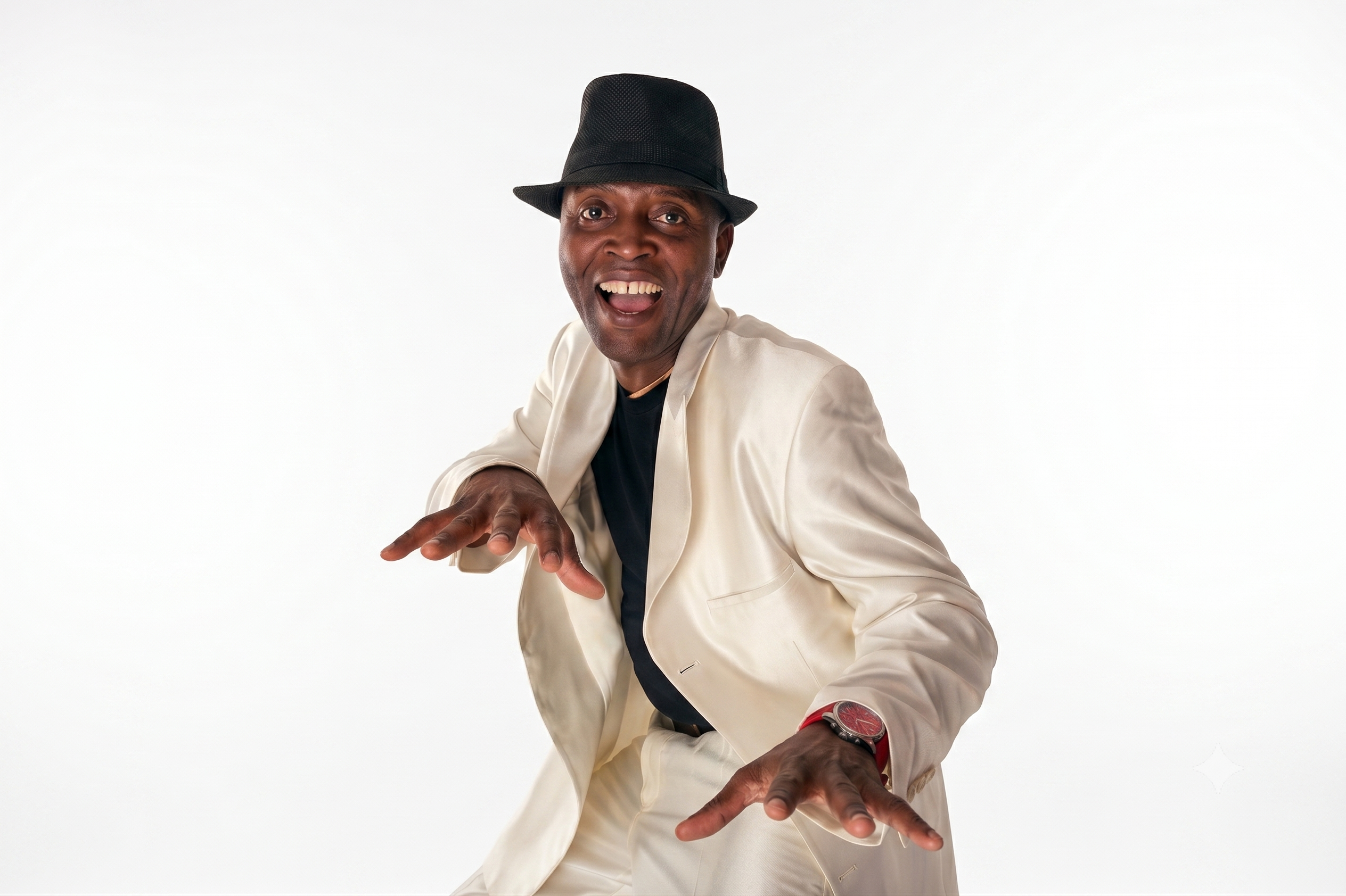 Mister Kibs performing in a cream suit